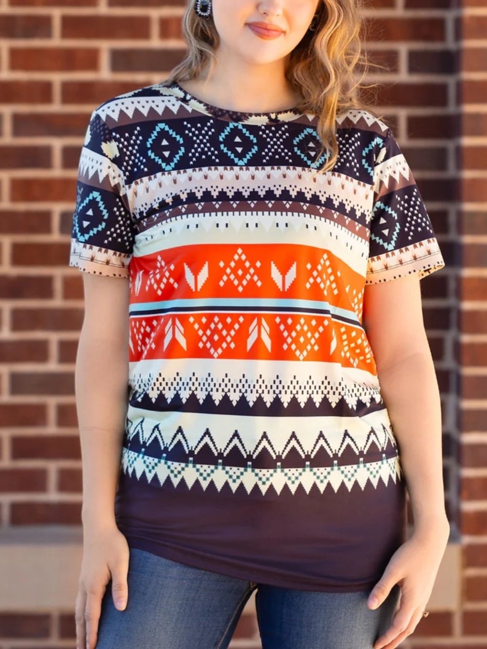 Geometric Print Short Sleeve Tee in Orange and Navy